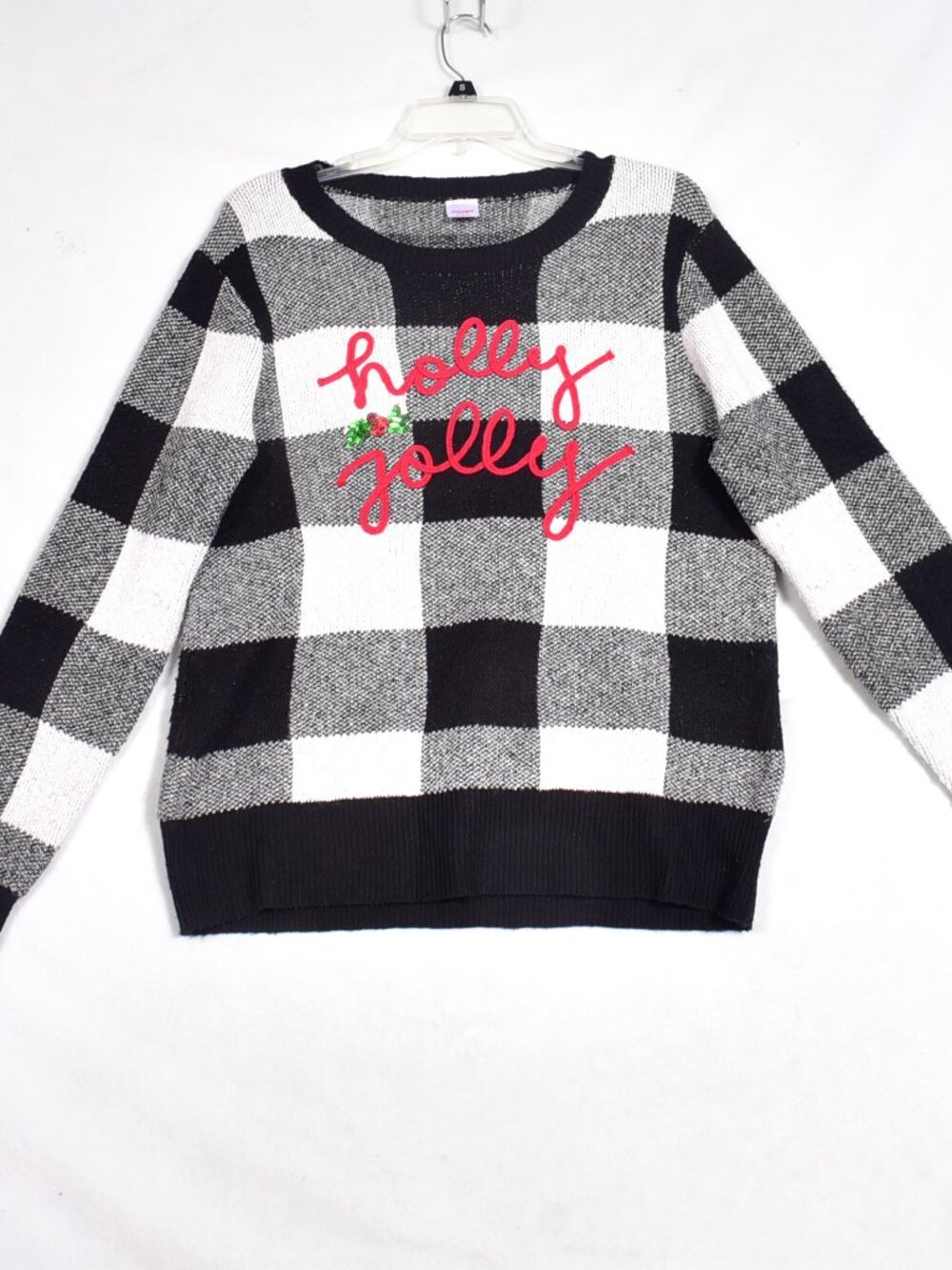 Holiday Time Black & White Checkered Holly Jolly Christmas Sweater Womens Medium